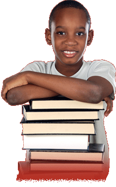 Boy leaning on a stack of books